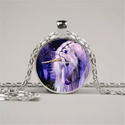 $2.52 • Buy Vintage Pegasus Unicorn Photo Cabochon Glass Silver Chain Pendant Necklace