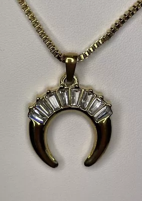 Crescent Moon Bull Necklace With Baguette Stones Gold Tone Pendant Chain • $25