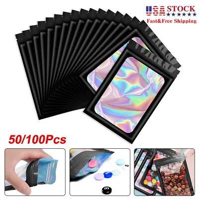 100/50 Pack Smell Proof Black Holographic Mylar Bags Resealable Zip Lock 3 Sizes • $8.49