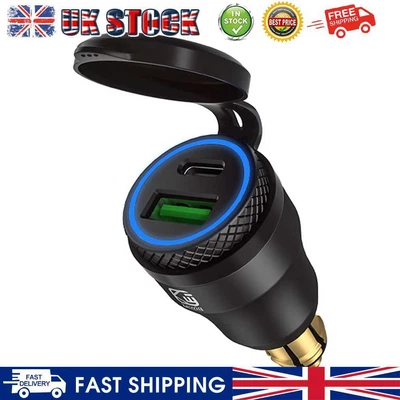£12.19 • Buy DIN Plug To QC3.0 + PD USB Charger W/ LED Light For Motorcycle (Black+Blue) UK