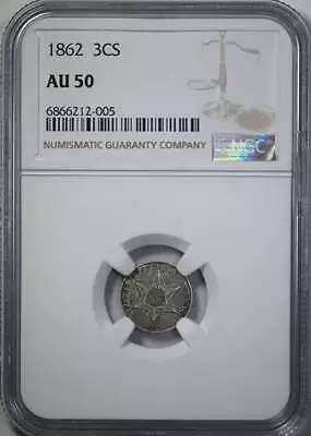 1862 Three Cent Silver Piece 3CS NGC AU50 • $202