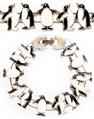 Vintage TOFA Enameled Penguin Slide Charm Bracelet Gold Tone Costume Jewelry • $14.99
