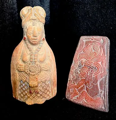 Folk Art Vintage Maya Mexico Clay Woman Figurine & Small Carved Tablet • $72