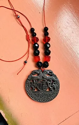 Chinese Jade  Necklace Black Red Dragons • £17.50