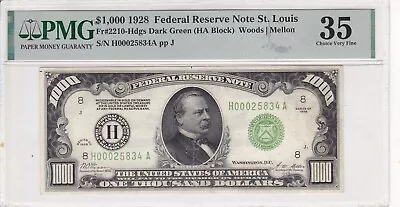 1928 $1000 Dollar Bill Fr.#2210-Hdgs PMG 35 Choice VF - St. Louis Missouri (H) • $6399.95