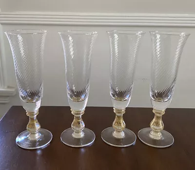 4 Champagne Glasses Handblown By Salviatori Murano Venetian Gold Fleck Swirl • $279.99