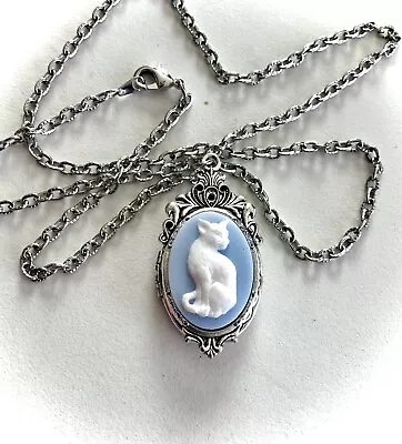 Wedgwood Blue Cat Cameo Hidden Locket Necklace Vintage Stash Box Pillbox Pendant • $31