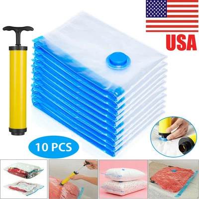 $19.99 • Buy 10 X Jumbo Vacuum Storage Bags Travel Space Saver Garment Seal Clothes Hand Pump