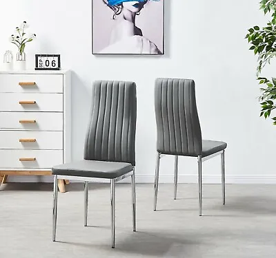 Dining Chairs Set Of 2 Grey Modern Faux Leather Chrome Metal Legs Home Kitchen • £80