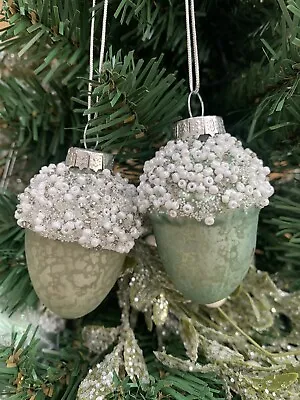£10 • Buy Pair Of Pale Pastel Green Glass Acorn Baubles With Beaded Top Gisela Graham 5cm