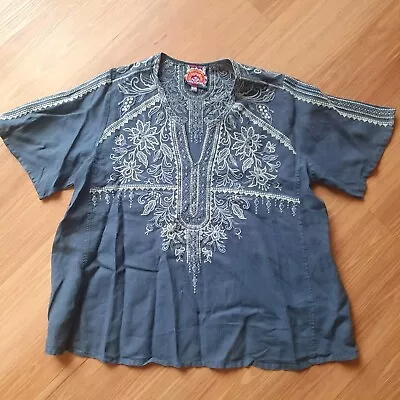 ☆Johnny Was☆ Blue Floral Embroidered LINEN Blouse Tunic Top -Sz L- Gorgeous! • $85