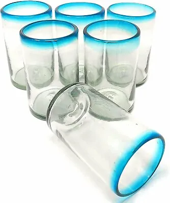 Hand Blown Mexican Drinking Glasses – Set Of 6 Glasses With Aqua Rims (14 Oz... • $46.99