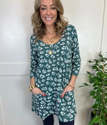 Ex-Seasalt Tunic Top BUSY LIZZY Green Floral Cotton Jersey Longline Sizes 8-28 • £24.99