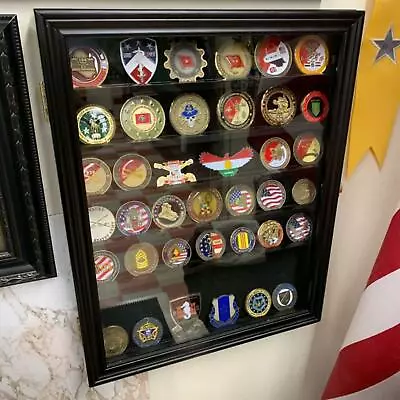 Challenge Coin Display Case 57 Pcs Medal Military Black Cabinet Wood Shadow Box  • $89.99