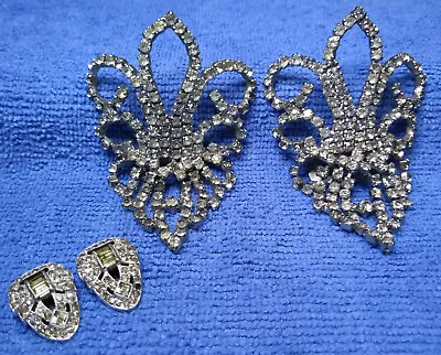 Vintage SHOE CLIPS HUGE Signed Crown HTF MUSI & Small Art Deco Shield Rhinestone • $45