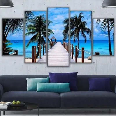 Beach Palm Trees Bridge Sea 5 Piece Canvas Print Picture HOME DECOR Wall Art • $129.27