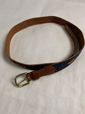 Essex Connecticut Embroidered Fish Leather Belt Blue USA Men's 38 • $10.50