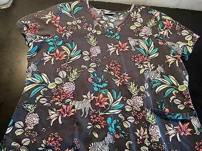 Scrub Star Jungle Life  Women's V-Neck Scrub Top Size XL Zebras Floral • $9.99