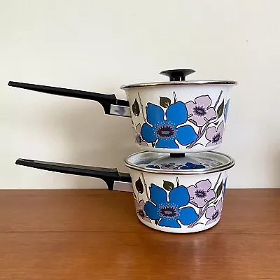 PAIR Vintage 70s JUDGE England COOKWARE Lavender BLUE Floral ENAMEL Saucepans • $39