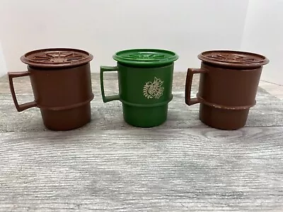 Vintage Tupperware Mugs Cups  Lids Coasters Brown Green  #1313 Lot Of 3 • $18.55