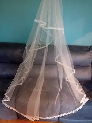 Wedding Veil Ivory 2 Tier Chapel Veil & Combslide Lace Edge V214 • £13