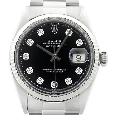 Rolex Mens Datejust Black Diamond Dial 18K White Gold & Stainless Steel Watch • $4295