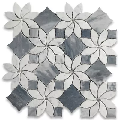 C9G7XP Carrara Marble Ice Flower Blossom Gray Polished Waterjet Mosaic Tile • $32.99