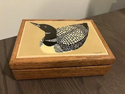 Vintage Oak Wooden Keepsake Lined Box. Loon Tile Lid Artist Signed W MORGAN ‘79 • $25