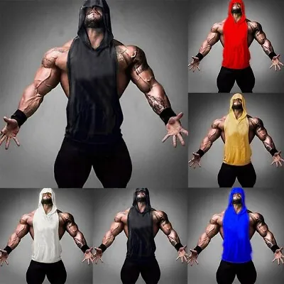 Men Muscle Hoodie Tank Top Sleeveless Vest Gym Workout Bodybuilding Hooded Shirt • £11.51