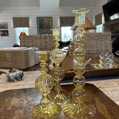 Venetian Style Optic Swirl & Ball Glass Candlestick Holders - Set Of 3 • $42.99