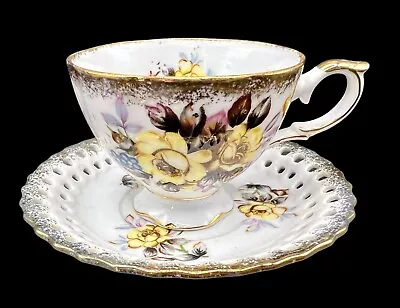 Vintage Ucagco Japan Tea Cup Saucer Set Gilded Floral Yellow Purple Reticulated • $9.99