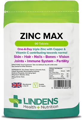 Zinc Max Tablets (90 Pack) Triple Strength Zinc With Copper & Vitamin C Lindens • £8.99