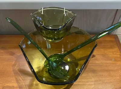 Vintage Anchor Hocking Avocado Green 5 Pc. Chip And Dip Set MCM Granny Core • $35