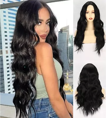 Long Wavy Wig Women 24 Inch Natural Black Lace Front Wigs Synthetic Pre Plucked • $20.90