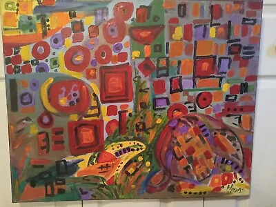 Vntg '83 Canvas Modernist Abstract Oil Painting Landscape Signed Hobbs 24  X 30  • $59