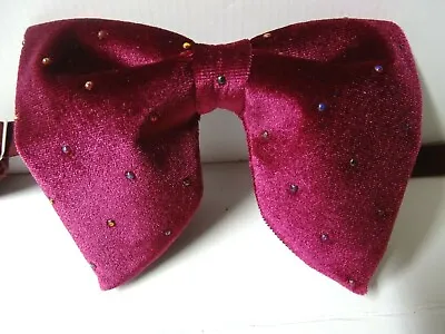 Oversized Burgundy Velvet Polka Dot Bow Tie Vintage Style 70`s Wedding Gift  • $25.23