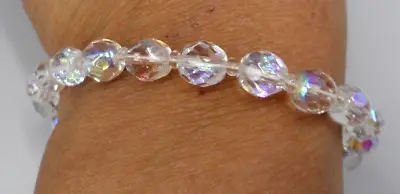 Vintage Beaded Bracelet 7 Mm Clear A/B Iridescent Faceted Glass Beads 8.5  EUC • $11.99