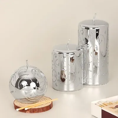 G Decor Silver Glitter Swirls Glass Effect Reflecting Sparkling Pillar Candles • £8.99