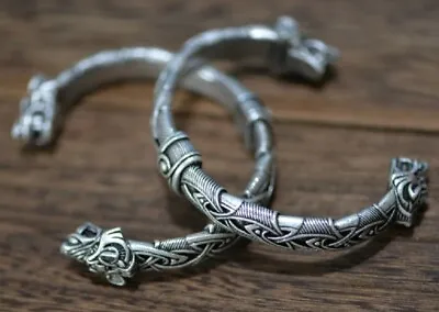 £11.95 • Buy Heavy 80g Norse Viking Wolf Head Silver Open Bracelet Dragon Fenrir Bangle UK J2
