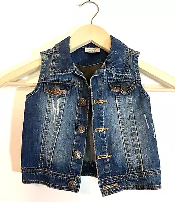 Zara Girls Sleveless Jean  Vest Sz 2/3 Camouflage Detail Distressed Brass Button • $19