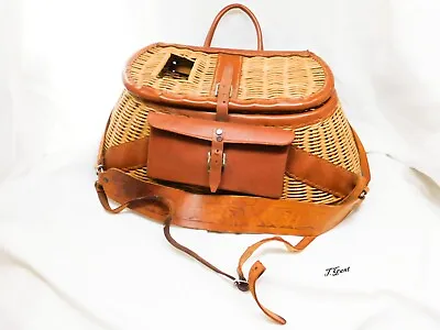 Antique Fishing Wicker Creel Leather Basket Tooled Strap Cabin Tackle Trout Bait • $69.99