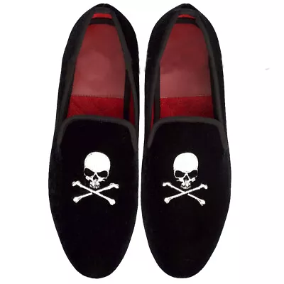 Handmade Men Black Velvet Skull Logo Silver Embroidery Loafers & Slip Ons Shoes • £129.99