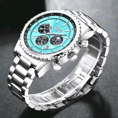 LIGE Mens Wristwatch Luxury Quartz Chronagraph Waterproof Sports Silver Watch • £22.99