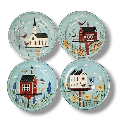 Warren Kimble Birdhouse Salad Plate Blue Country Sakura Dinnerware 2000 4 Pc Set • $25.99