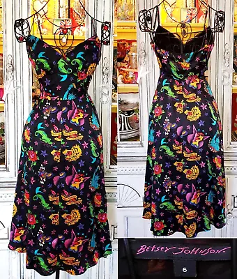 Betsey Johnson Vintage Mark Mahoney Mermaid Rose Tattoo Black Silk Slip Dress S • $199.99