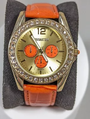 Manhattan By Croton Goldtone Dial Crystal Accent Round Case Orange Leather Watch • $27.99