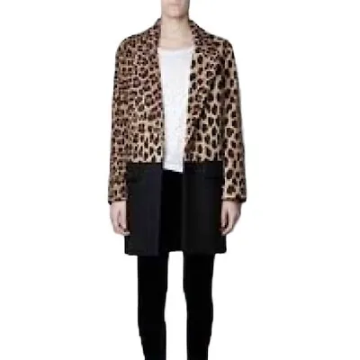 $40 • Buy Zara Leopard Print Solid Black Color Block Coat Wool Cashmere Blend Size XS