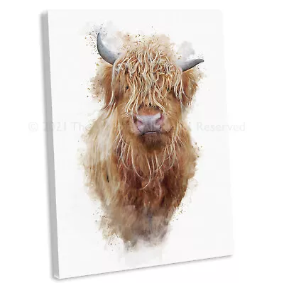 £24.99 • Buy Highland Cow Calf Watercolour Style Canvas Print Framed Wall Art Picture