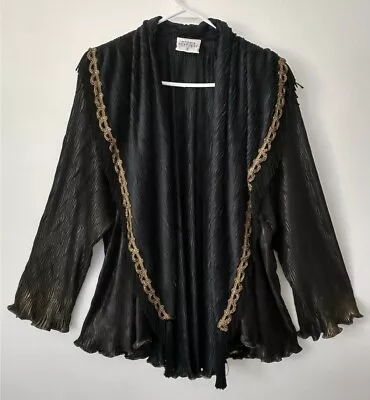 Maggie Shepherd Fringe Crunch Texture Small Black Gold Art To Wear Cardigan Open • $68.88