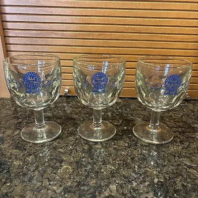 3 Vintage Pabst Blue Ribbon Beer PBR Goblet Glassware Chalice Heavy • $18